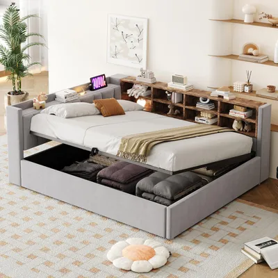 Image de Lit de jour rembourré Merax, 140x200 cm, avec port de charge USB et Type-C, lit pour enfant avec veilleuse LED, espace de rangement hydraulique, étagères, couleur : gris clair