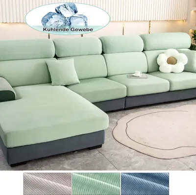 Produktbild von Sofa Überzug Kühlend Sommer für Chaiselongue Universal, Sofa Bezug Gummiband rutschfest, Sitzkissen Bezug Elastisch Reißfest Grün