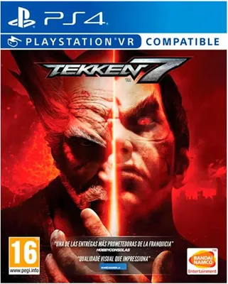 The cover art for the video game Tekken 7 for PlayStation 4, featuring two characters' faces split down the middle, with the game's logo and platform information at the top.