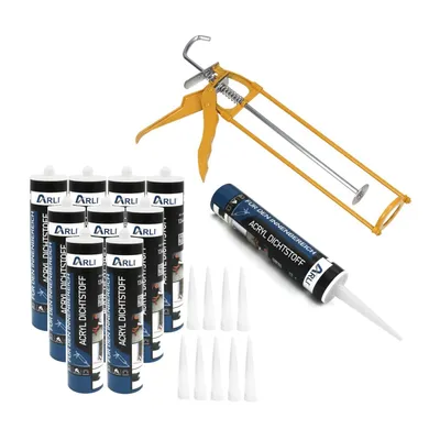 Produktbild von ARLI Kartuschenpresse aus Metall + 10x Acryl 310 ml Dichtstoff Weiß Bauacryl Fugendichter Maleracryl - Set