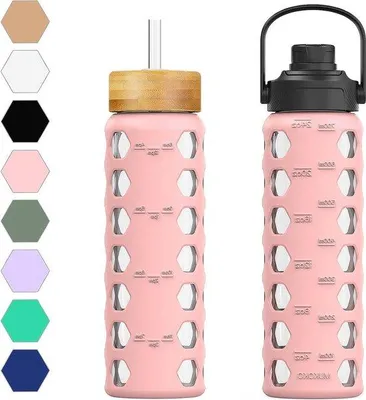 Obrázek produktu pro Láhev na vodu 700 ml s brčkem, víčkem a silikonovým obalem, růžová, bez BPA