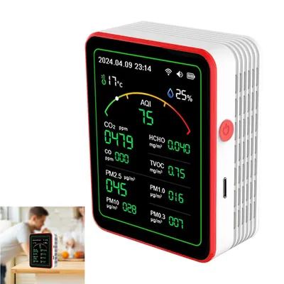 Produktbild von 15-in-1 Smart Luftqualitätsmessgerät Echtzeit, Luftqualitätsmonitor-Überwachung für Zuhause und Büro, mit AQI, HCHO, PM-Messung(Weiß)