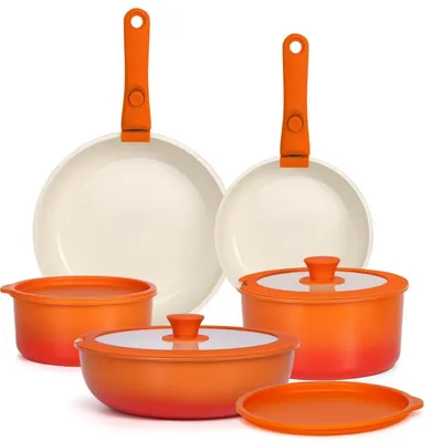 Produktbild von 11-teiliges Topf- und Pfannenset mit abnehmbarem Griff, Induktion, Orangeverlauf
