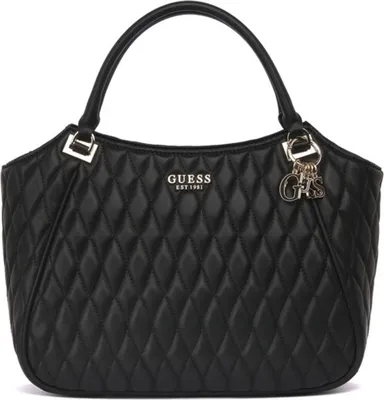 A black quilted handbag with gold-tone hardware and a Guess logo charm.