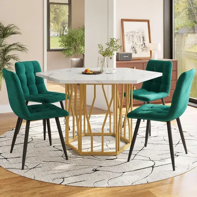 Image de Ensemble de salle à manger : table avec 4 chaises, blanc marbre, dimensions 115,5 x 100 x 75 cm, pieds en métal doré, chaises en velours vert