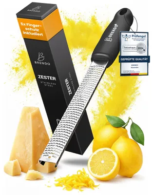 Produktbild von Brendo Premium Zester Reibe I Käsereibe Schwarz I Edelstahlklinge I Knoblauchreibe, Muskatnuss Reibe, Zitronenreibe, Ingwerreibe, Parmesanreibe I Fingerschutz, Schutzhülle & Reinigungsbürste