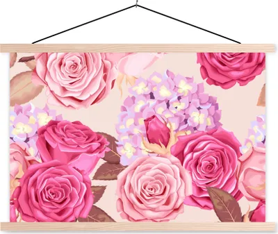 Produktbild von MuchoWow® Textilposter Rosen - Hortensien - Blumen - Rosa 120x80 cm mit holzfarbenen Rahmen - Aufhängeset