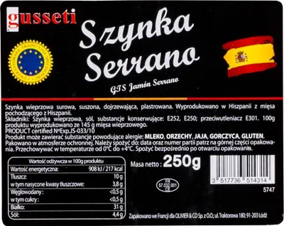 Zdjęcie produktu dla Szynka Serrano plasterkowana 250 g