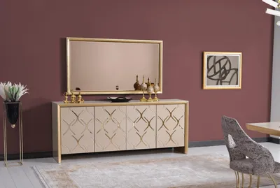Produktbild von Esszimmer Garnitur Sideboard mit Spiegel Luxus Sideboard Holz beige 2tlg