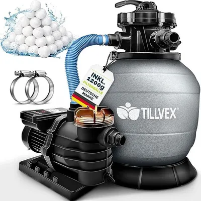 Produktbild von Sandfilteranlage Pool mit Timer 13.200L/h bis 40.000L + 1200g Filterbälle | Filteranlage 7-Wege Ventil & 2in1 Adapter ?32-38mm | Poolfilter Sandfilter Selbstansaugend (Grau)