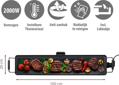 Obrázok produktu pre alpina Teppanyaki doska XXL stolný gril 2000W - 100 x 20 CM - Nastaviteľný termostat - Nepriľnavý povrch - Odnímateľná odkvapkávacia miska - Čierna