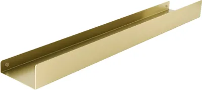 A single, long, narrow shelf with a brushed gold finish, shown from a slightly elevated diagonal angle against a white background.