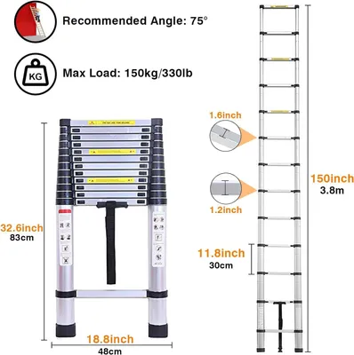 Immagine prodotto di Scala telescopica in alluminio - Estensione massima 3,8 metri - Leggera e compatta - Capacità di carico 150 kg