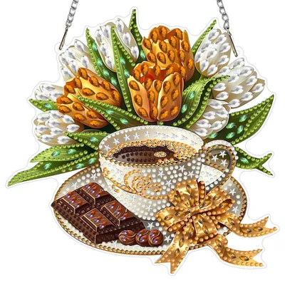 Immagine prodotto di Set per creare ciondoli con tecnica diamond painting: tema caffè e tulipani. Ideale per decorazioni da appendere a finestre o pareti