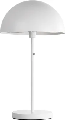 A white table lamp with a dome-shaped shade and a slender stand.