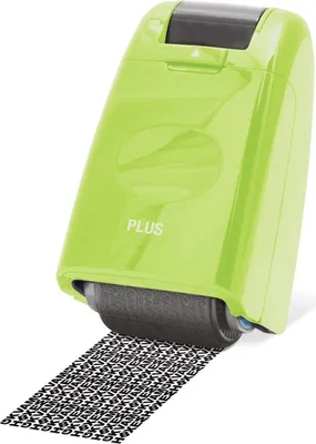 A green privacy stamp roller is shown in use, printing a pattern of text on a white surface.