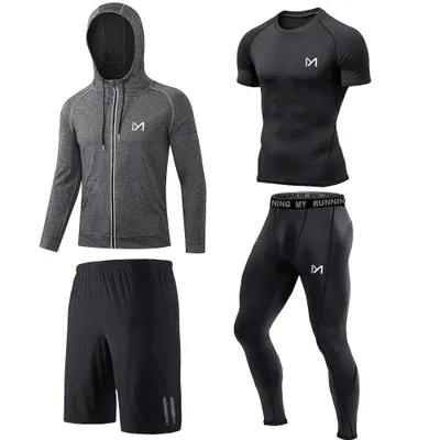 Produktbild von 4 in 1 Kompressionsshirt Herren, Leggings Sport Laufhose Funktionsshirt Männer Kompressionshose Funktionswäsche für Running Gym Fitness-Schwarz-L