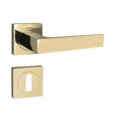 A gold-colored door handle and keyhole escutcheon are shown against a white background.