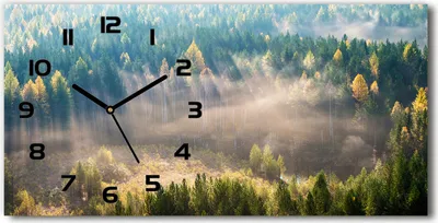 Produktbild von Wanduhr aus Glas – 60x30 cm - Glasbild - Glasuhr - Gehärtetes Glas - schwarze-zeiger - Nebel im Wald