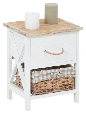 Produktbild von Nachttisch Nachtschrank Nachtkommode PERUGIA in weiß, Shabby Chic Vintage Look, mit Schublade und Korb