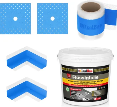 Produktbild von Isolbau Dicht-Set - Inkl. 1x Flüssigfolie (7 kg), 1x Dichtband (5 m), 2x Innenecken & 2x Manschetten