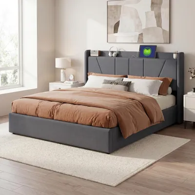 Produktbild von INONEFT Hydraulisches Boxspringbett 160 x 200 cm, Polsterbett, Doppelbett mit Stauraum, Erwachsenenbett mit Lattenrost und USB, Leinen, grau