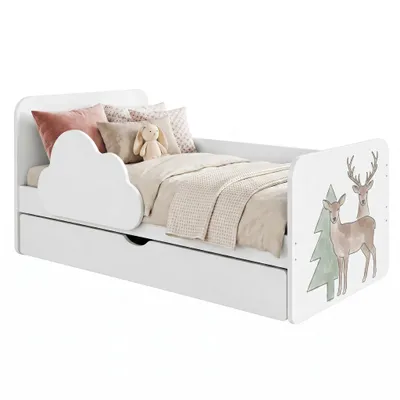 Produktbild von Weißes Juniorbett 160x80 cm Motiv Wolke | Inkl. Bettkasten & Schaumstoffmatratze | Mädchen & Jungen, bunter Aufkleber