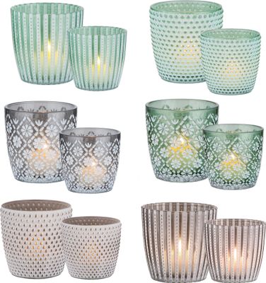 6x Windlicht Glas Set 3 Motive, 2 Größen - Grün - 7,5 & 9 cm hoch - Teelicht-Gläser Windlichter Dekoglas für Kerzen & Teelichter