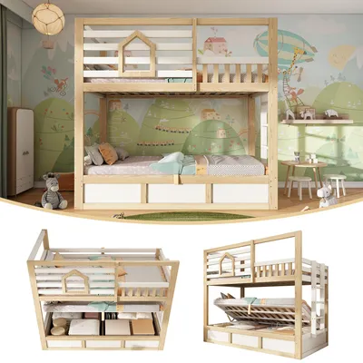 Productafbeelding van Kindermand met twee bedden, 90x200 cm, in wit en eikenhoutkleur, gemaakt van grenenhout, MDF en multiplex, met hydraulische opbergruimte en een hutstijl met ramen