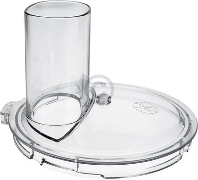 A clear plastic lid with a feeding chute for a food processor.