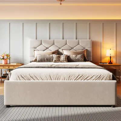 Produktbild von Polsterbett 140x200 cm Samt Beige Minimalistisch Bettgestell mit Ausziehbett und Lattenrost Modernes Gästebett Doppelbett Ohne Matratze