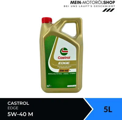 A bottle of Castrol EDGE 5W-40 M motor oil is shown against a white background. Text overlays and branding are visible.