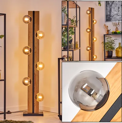 Produktbild von Isorella Stehlampe aus Holz/Metall/Glas in Natur/Schwarz/Bernstein-/Rauchfarben