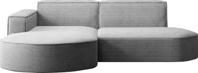 A modern sectional sofa with rounded edges, upholstered in a textured cord fabric.