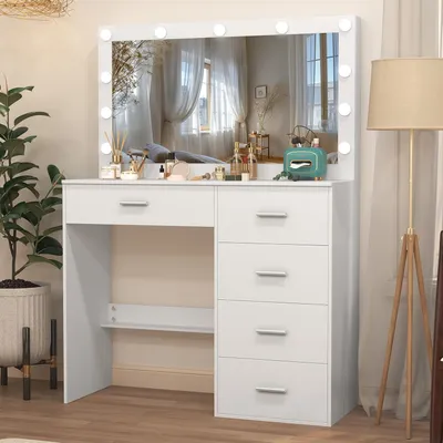 Zdjęcie produktu dla Toaletka z dużym lustrem i oświetleniem LED, 5 szuflad, kolor biały, wymiary: 80 x 36 x 131 cm