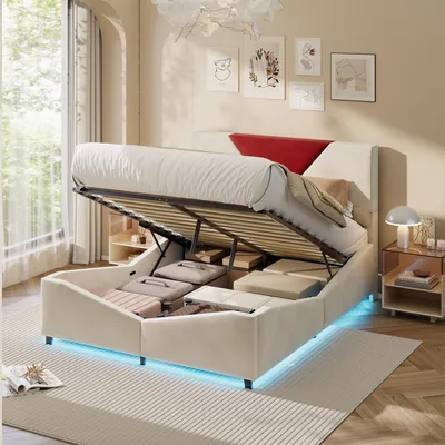 Zdjęcie produktu dla Podwójne łóżko ProximaX z mechanizmem gazowym 140 x 200 cm z ukrytym schowkiem w zagłówku i miękkim welurowym pokryciem do sypialni, beżowe