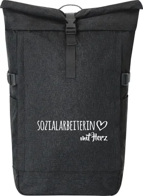 Produktbild von Huuraa Kurierrucksack Sozialarbeiterin mit Herz 30-44 Liter Black Melange Fairtrade Rolltop Rucksack Geschenkidee