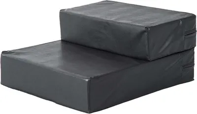 A two-step pet stair made of black material.