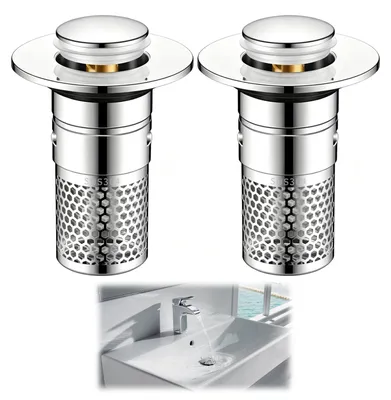 Productafbeelding van Wasbakstop met afvoersieve - Universeel pop-up filter - Geschikt voor badkamer en keuken - Diameter 34 tot 40 mm - 2 stuks - RVS en koper