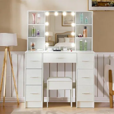 Productafbeelding van Grote Witte Kaptafel met Spiegel en Kruk, 3 Dimbare LED Kleuren, 7 Laden en Verborgen Opbergruimte, 100x40x140 cm, Moderne Grimeertafel