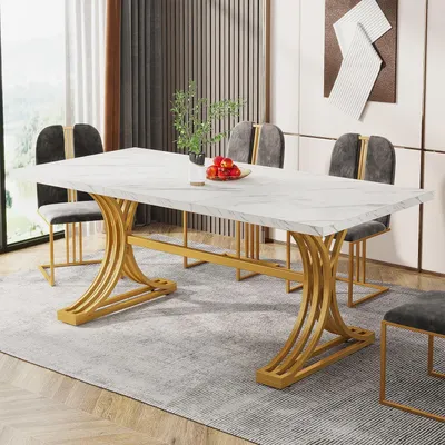 Productafbeelding van Eettafel 160 x 80 cm, geschikt voor 4-6 personen, met een tafelblad van kunstmarmer, een metalen frame, in de kleuren wit/goud