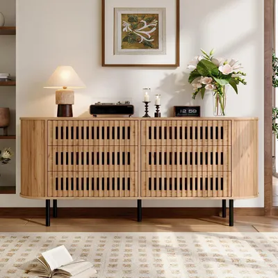 Produktbild von Merax Sideboard mit 6 Schubladen, Kommode Lamellen Design aus MDF, Schubladenschrank mit Metallbeine 70kg, mit Abgerundete Ecken, Stauraum, Natur