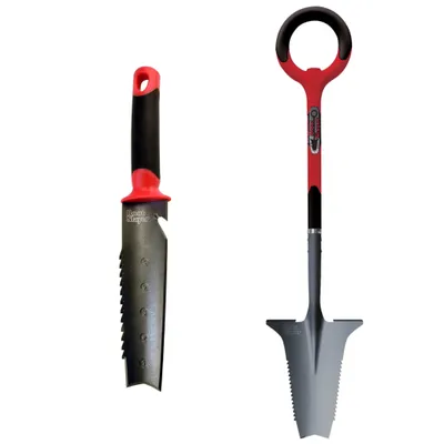 Produktbild von Root Slayer Set Wurzelspaten + Unkrautjäter, ergonomisch & robust, Spaten & Schaufel mit Schneidspitze & Wurzelsäge, rot