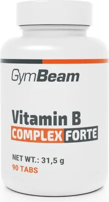 A white bottle of GymBeam Vitamin B Complex Forte tablets against a white background.