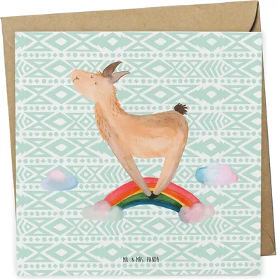 Produktbild von Mr. & Mrs. Panda Grußkarte Lama Regenbogen - Aztekenblau - Geschenk, Lamas, anlasskarte, Klappkarte, Hobby, faltkarte, Glückwunschkarte, doppelkarte, Freiheit