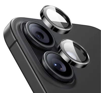 Immagine prodotto di Jaym, lente di ricambio per fotocamera posteriore di iPhone 16 / 17, in vetro temperato, colore nero / trasparente