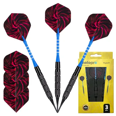 Zdjęcie produktu dla Rzutki Lotki Dart Matepro Lite Soft Tips do tarczy elektronicznej i sizalowej, zestaw w pudełku - 3 lotki 16g aluminiowe shafty + dodatkowe piórka