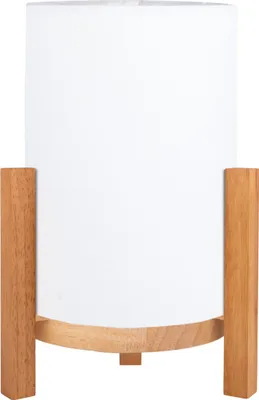 A white cylinder-shaped lamp with a wooden base and legs, shown against a white background.