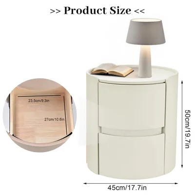 Productafbeelding van Rond Nachtkastje - Bijzettafel - Avondkastje - Opbergkast - Nachtmeubel - Wit - Massief Hout - 2 Lades