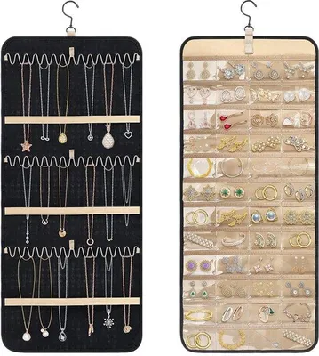 Imagen del producto de Organizador de joyas de doble cara Unyqoos® para colgar: 48 compartimentos transparentes, espacio para hasta 21 collares, 3 ganchos, gancho giratorio de 360°, ideal para pendientes, pulseras y relojes